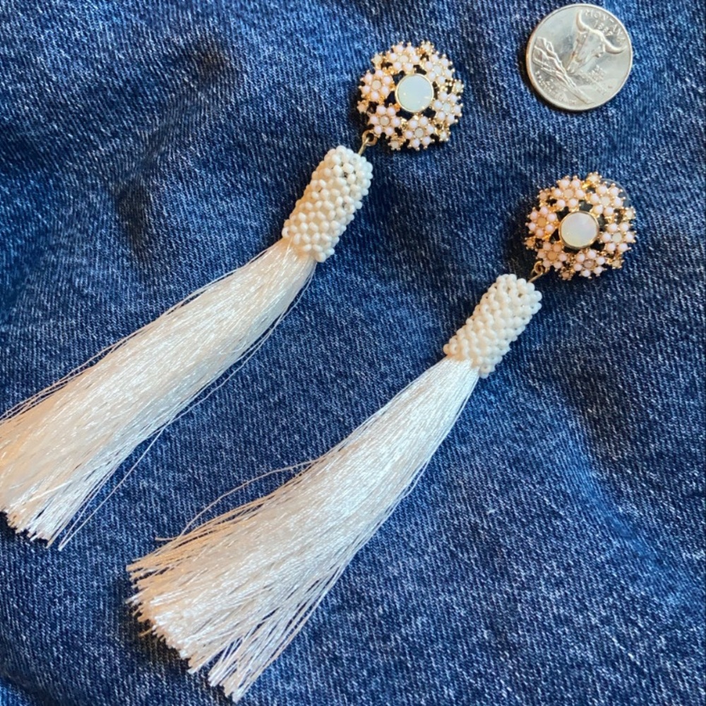 White fringe tassel statement earrings